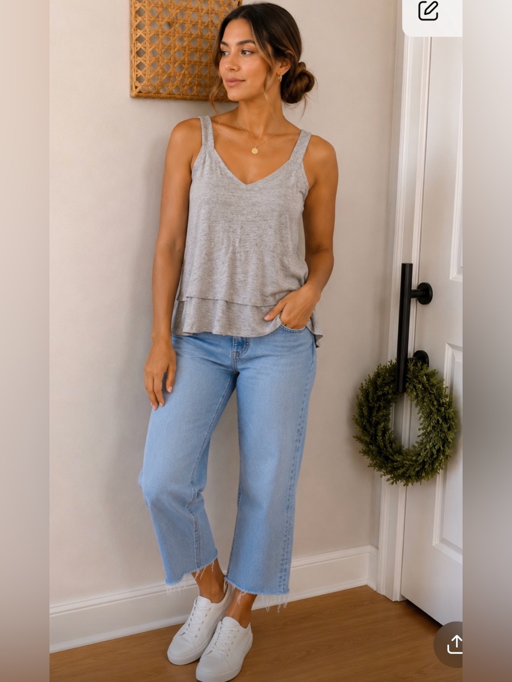 Grey‎ Women's V-Neck linen Layered Tank Top large